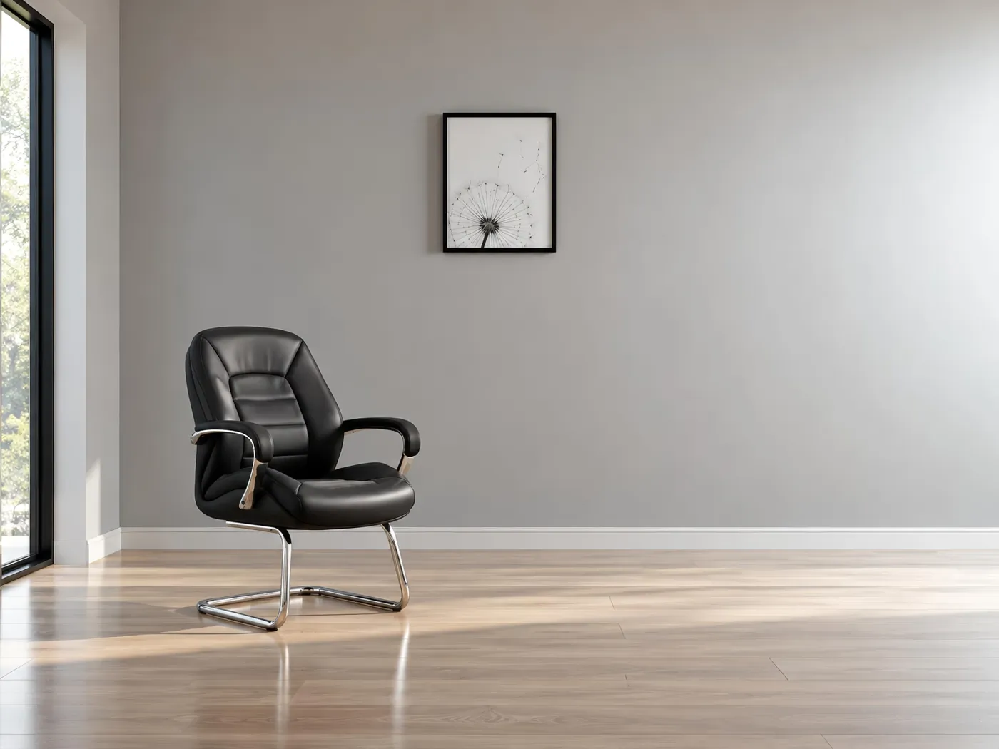 A freshly painted grey room with crisp white baseboards and a light wood floor