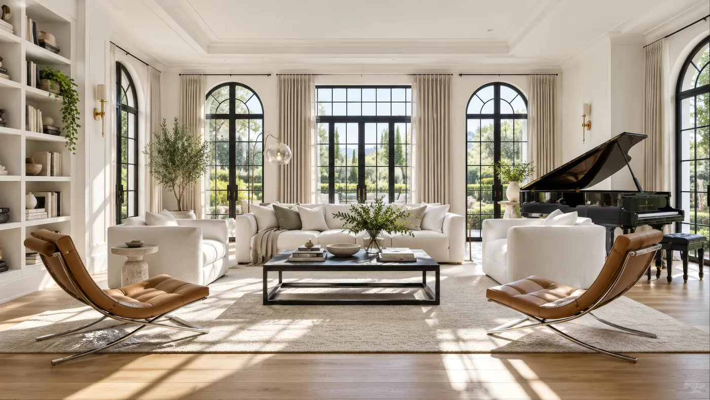 A bright living room with warm white walls, tall black-framed windows and wood floors