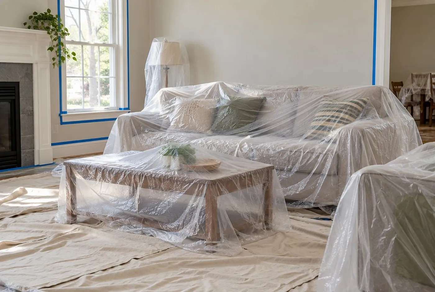 A living room ready for painting: furniture wrapped in plastic, drop cloths down, tape on the trim