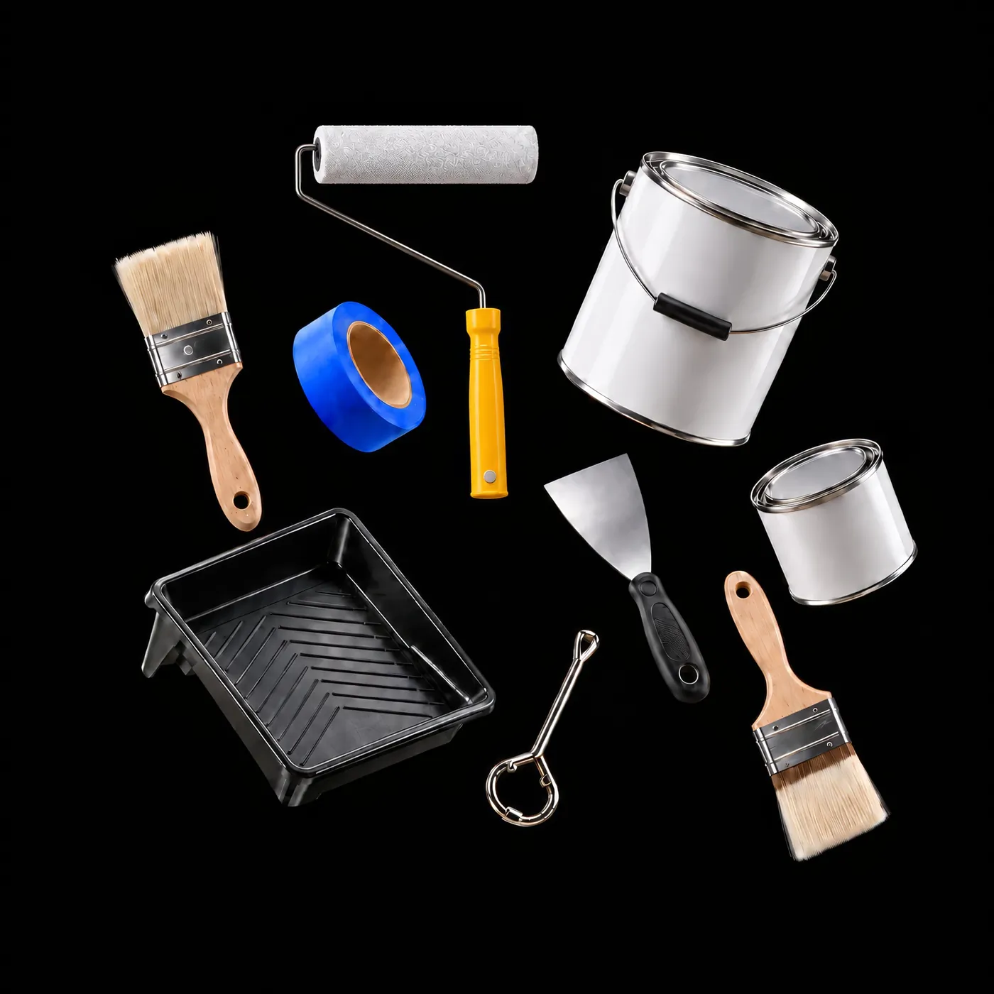 A painter’s kit laid out: brushes, a roller, blue tape, a putty knife, a tray and paint cans