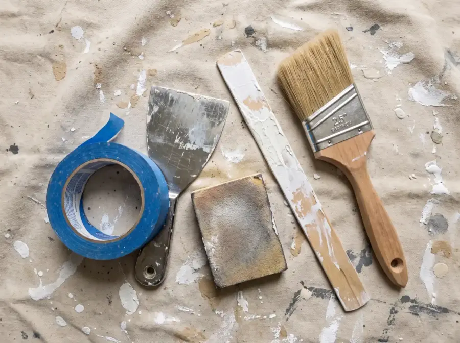 Painter’s tape, putty knife, sanding block and brush on a drop cloth