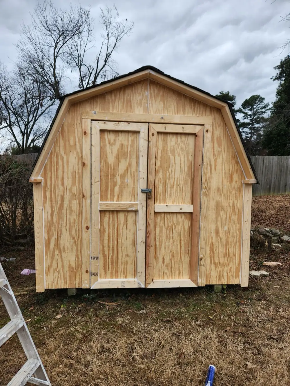 A backyard shed in bare, unfinished plywood before painting